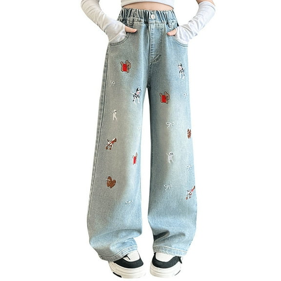 XIYNBAOK Juniors Jeans Wide Legged Jeans Black Flared Jeans Baggy Pants Y2k 12 Year Old Girl Clothes Preppy Kids Clothes Cute Girls Clothes, Blue 11-12 Years