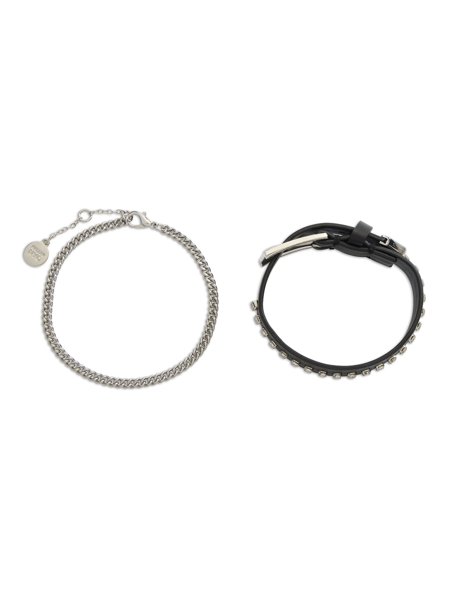 Madden NYC Women's Rhodium Western Rhinestone Leather Bracelet 2-Piece Set