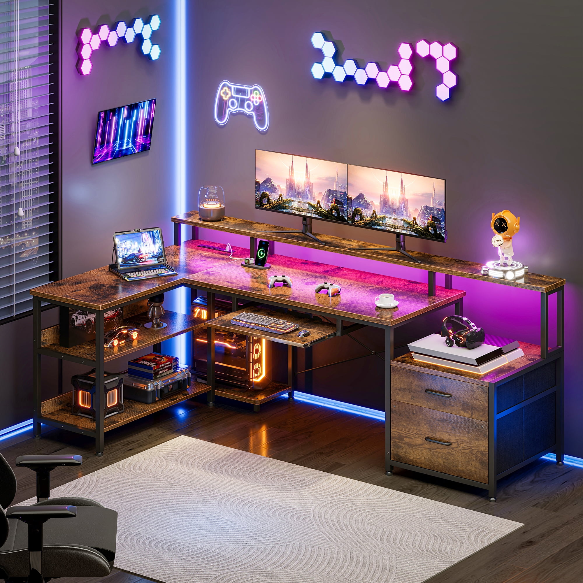 66 inch L-Shaped Gaming Desk with LED Lights & Power Outlets, Corner Computer Desk with 2 Drawers & Storage Shelves, Reversible Workstation for Home Office, Vintage