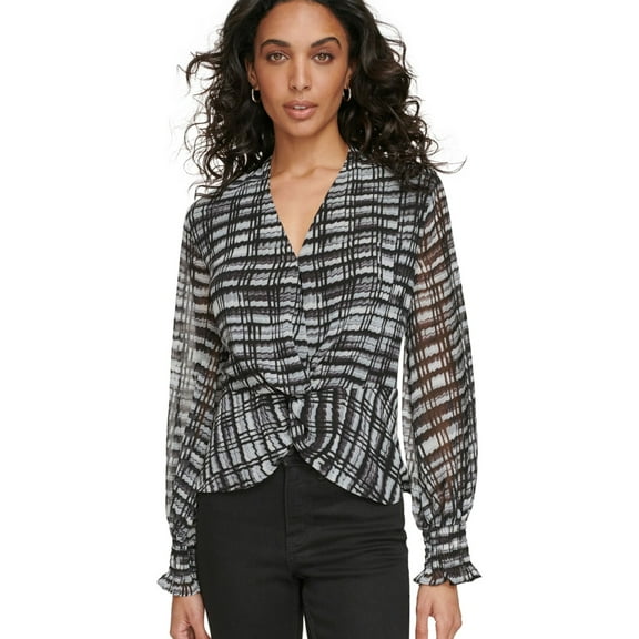 Calvin Klein Womens Printed V Neck Smocked Twist Tunic Blouse, White, Large