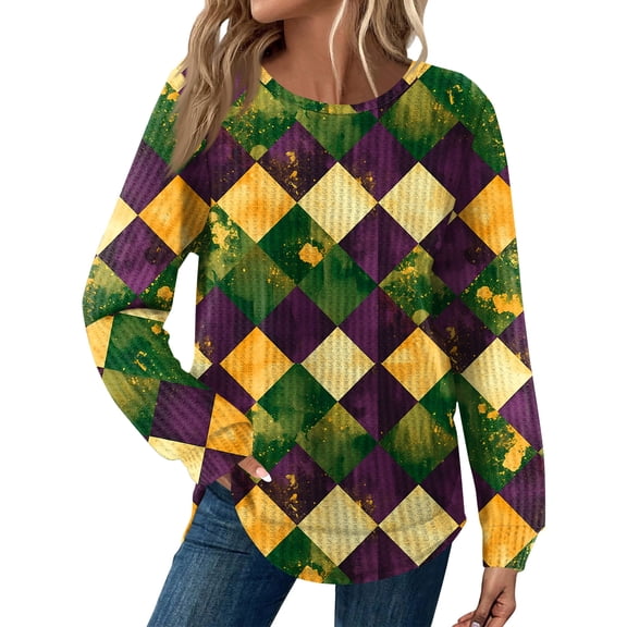 Fgvctg Mardi Gras Fall Shirts for Women Dressy Casual Long Sleeve Crewneck Tops Carnival Party Pullover Shirts Oversized Mask Print Celebration Costumes Army Green M