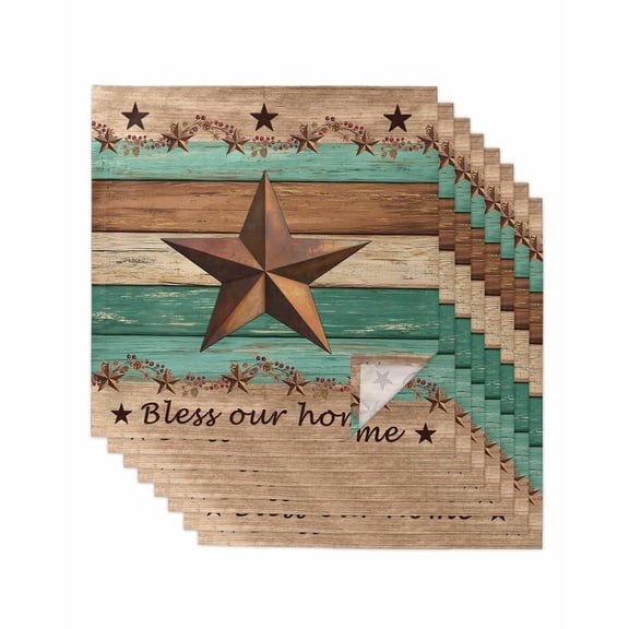 Western Texas Star Retro Cloth Napkins Set of 8 Reusable Dinner Napkins, Vintage Farmhouse Brown Teal Wooden Cocktail Napkin Washable Table Napkins for Wedding/Holiday Party/Baby Shower 20"x20"