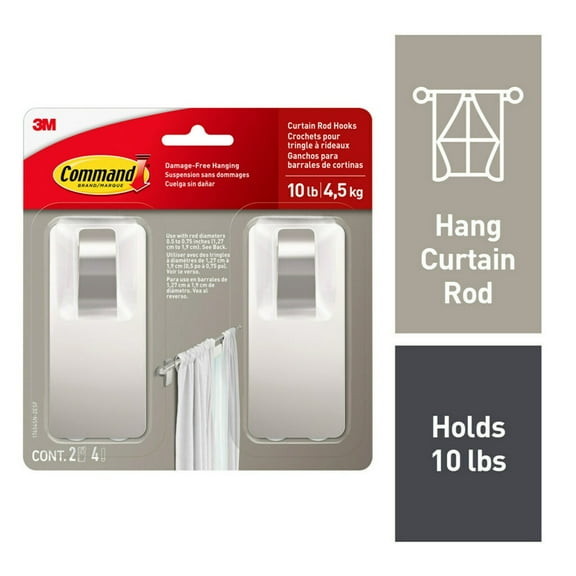Command Satin Nickel Curtain Rod Hooks, 2 Hooks, 4 Adhesive Strips