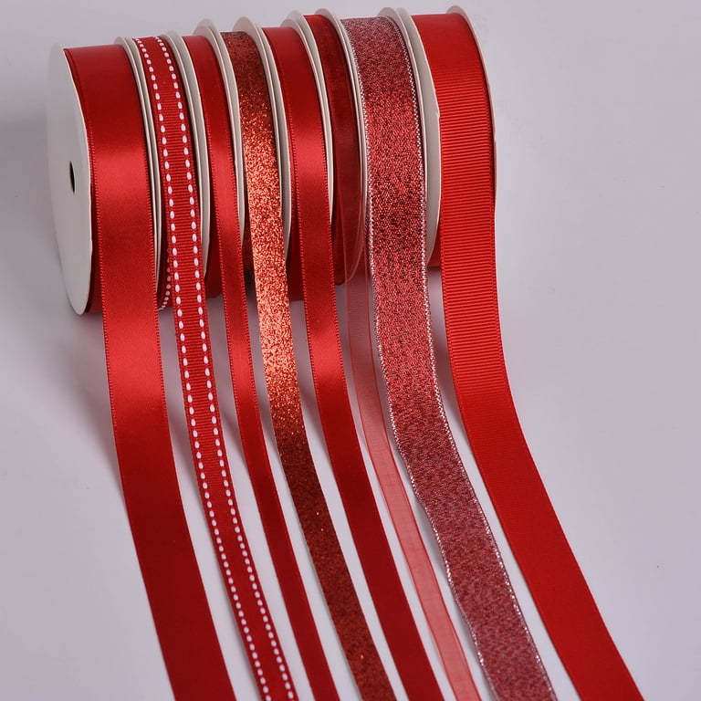 Red Satin Ribbon Tower, Set of 8 Unique Ribbons, 96 feet