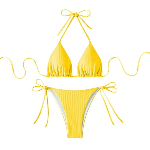 Puntoco 2025 Summer Beach Swim Bathing Suits Bikini Sets for Women Halter Triangle String Bikini Cheeky V Cut High Waisted Thong Swimsuits 2 Piece Yellow XL(XL)