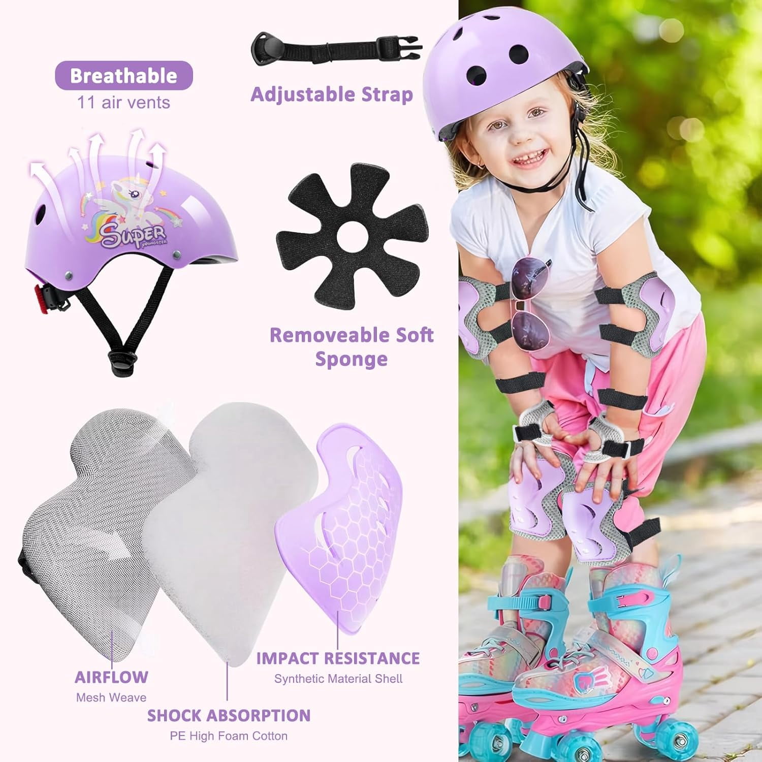 Adjustable Kids Bike Helmet Set with Knee, Elbow and Wrist Pads, Toddler Helmet for Ages 3-5-8-14 Boys Girls, Protective Gear Set for 3-14 Kids & Youth, for Bikes Skateboards Rollerskates