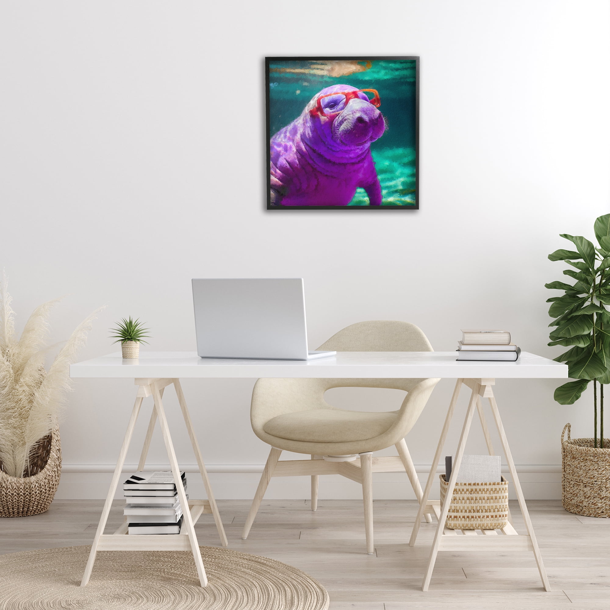 Stupell Industries Manatee with Glasses Animals & Insects Painting Black Framed Art Print Wall Art, 24 x 24