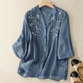 thumbnail image 2 of WREESH Women's Embroidery Boho Button Down Tops Cotton Linen Blouses with Printed Loose Shirts Casual V-Neck Pullover with 3/4 Sleeve Top Blue, 2 of 5