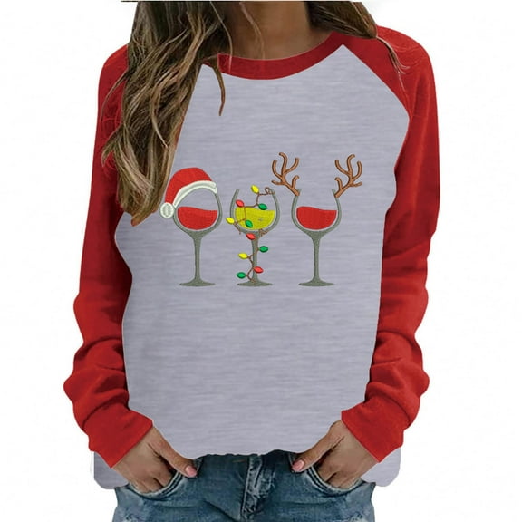 Fesfesfes Women's Raglan Sweatshirt Christmas Printed Long Sleeve Shirts Round Neck Casual Tops