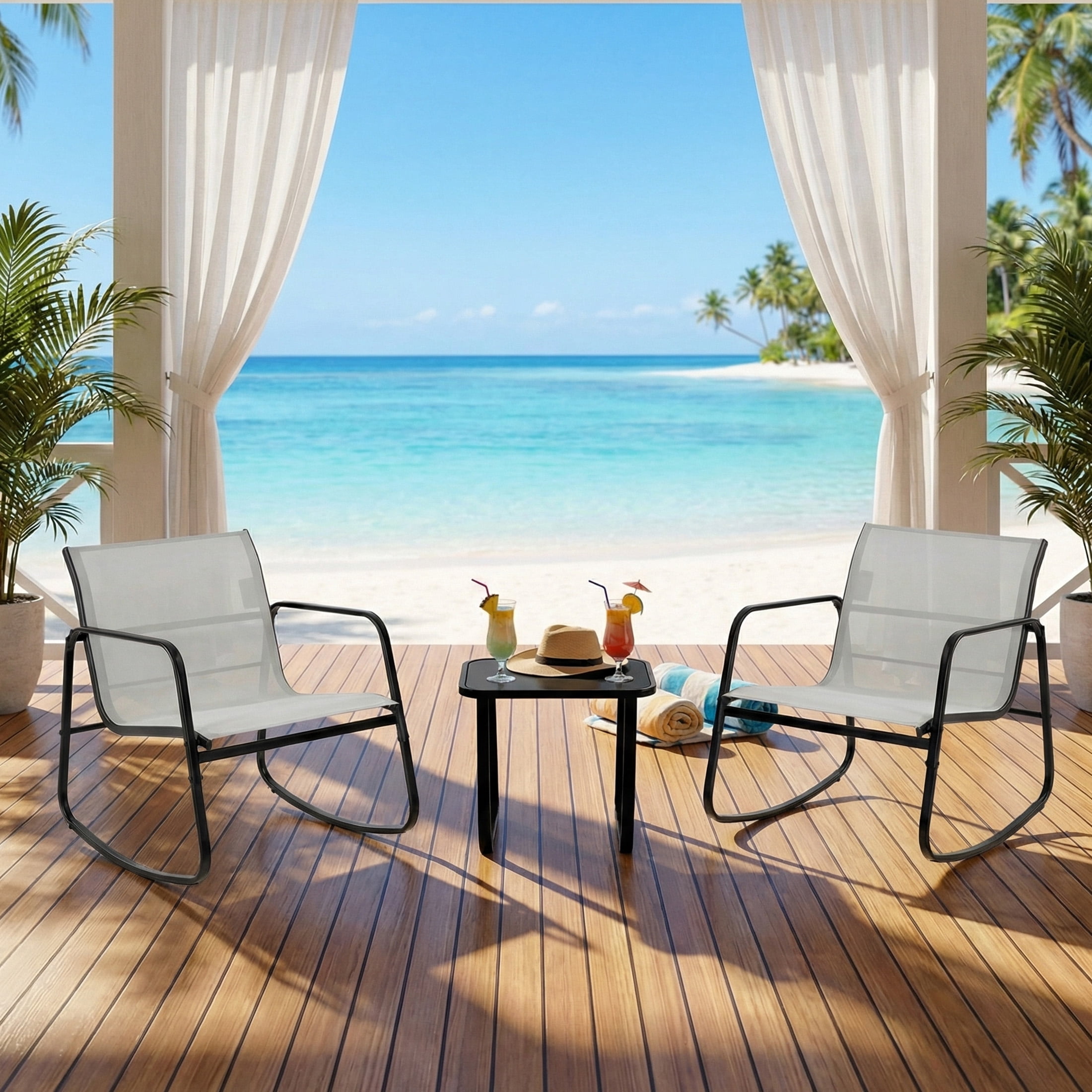 edx 3-Piece Outdoor Rocking Bistro Set with Glass Table Perfect for Poolside, Porch & Lawn, Gray