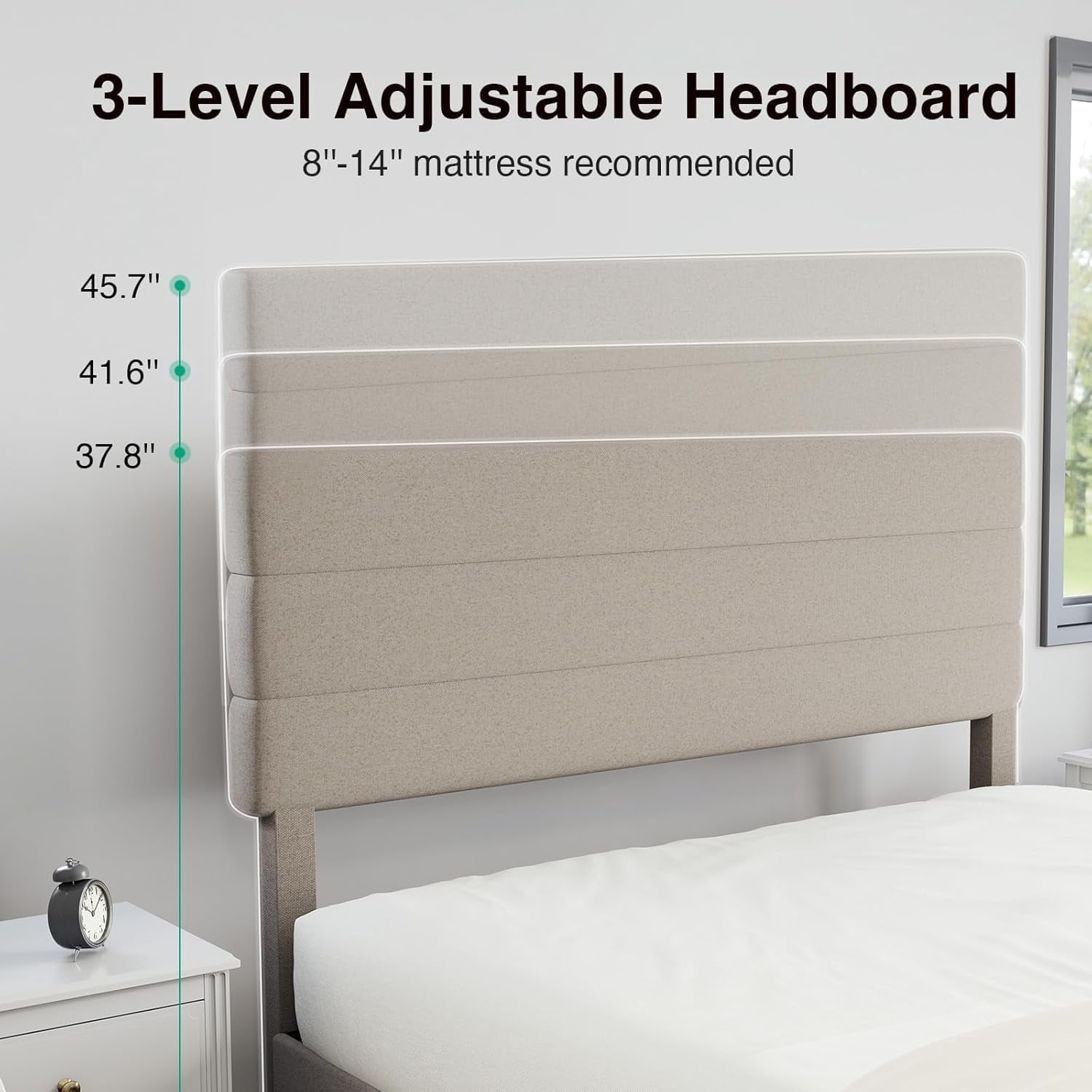 Novilla Queen Bed Frame, Queen Size Bed Frame with Wooden Slats Support, Linen Upholstered Stripe Headboard, No Box Spring Needed, Heavy Duty Feet, Easy Assembly, Beige