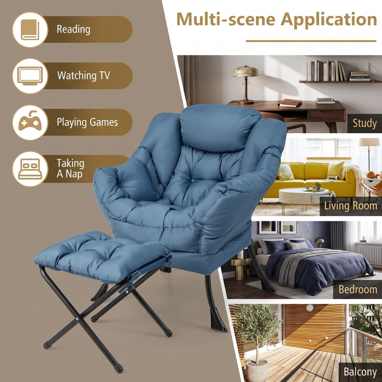 Furnibear Modern Accent Sofa Chair with Folding Footrest Ottoman, Upholstered Reading Armchair with Side Pocket for Living Room Bedroom Balcony, 330 lbs Capacity, Navy