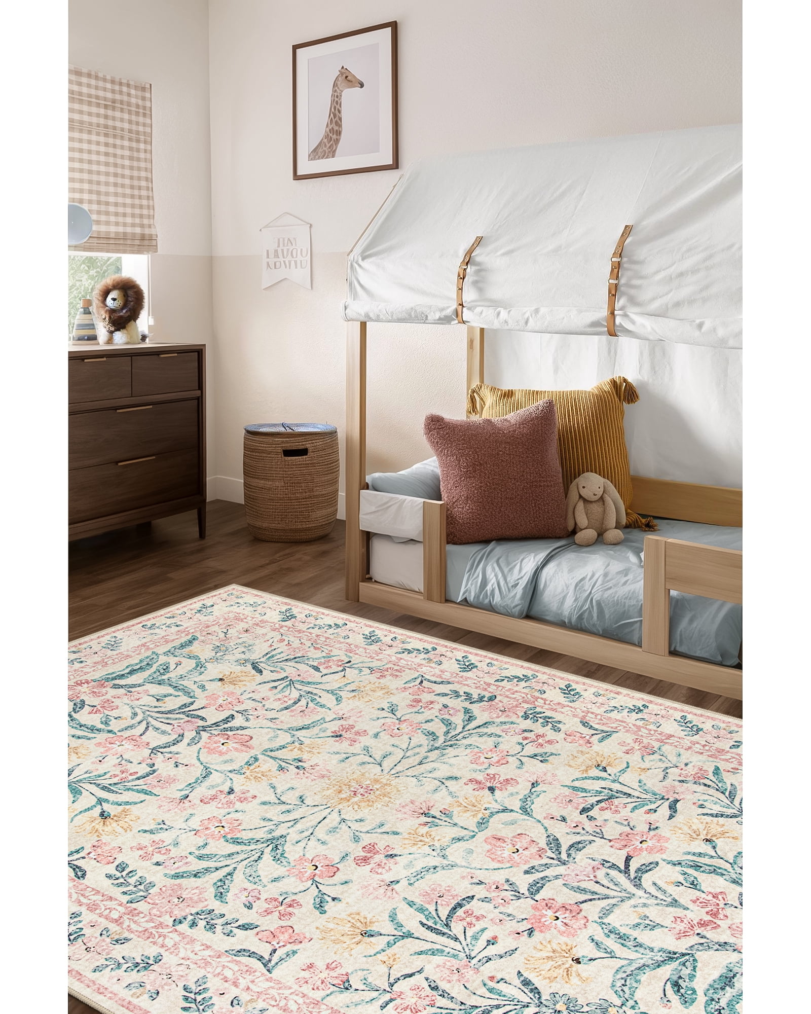 Lahome 5'x7' Washable Area Rug for Living Room with Non Slip Backing,Traditional Boho Rug,Low Pile Lightweight Carpet,Floral Print Mat,Better Home,Washable Machine for Bedroom,Pink