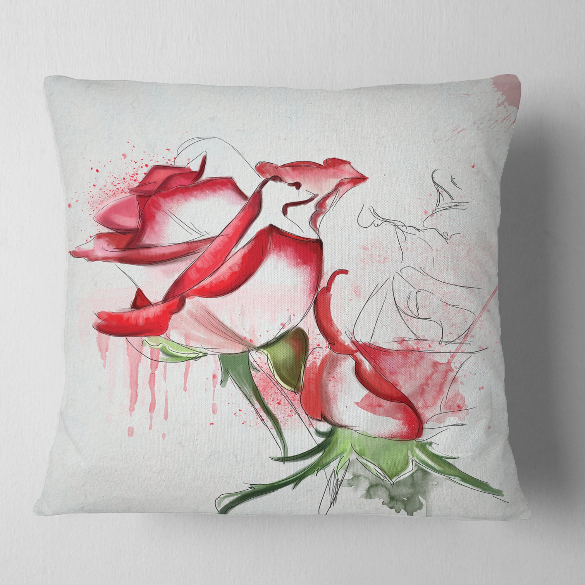 Designart Fantastic Red Roses Watercolor - Floral Throw Pillow - 16x16