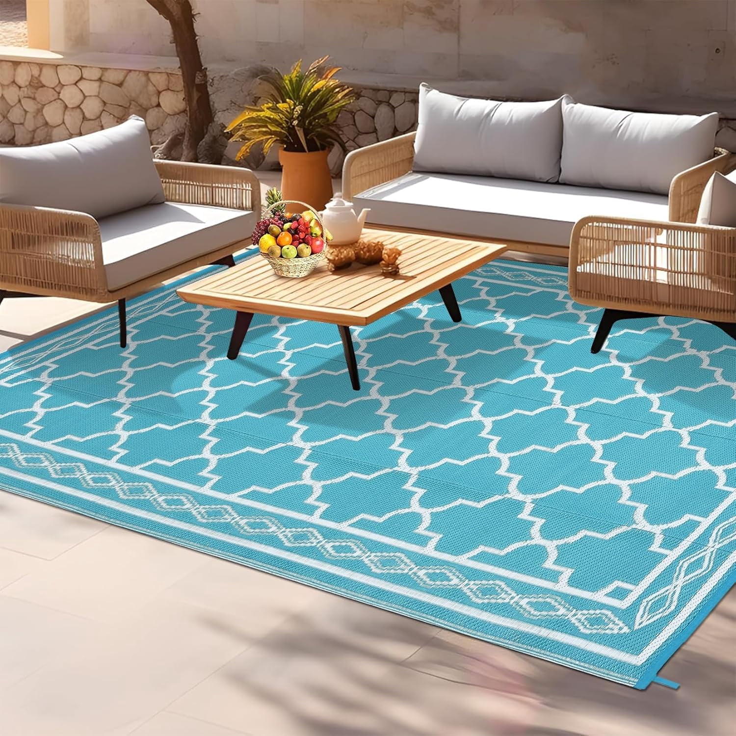 Memoryfield Waterproof Outdoor Rug 9x18ft for Patios, Plastic Straw Rug Outside Carpet Mats for Picnic, Backyard, Deck, Balcony, Porch, Beach, Light Blue & White