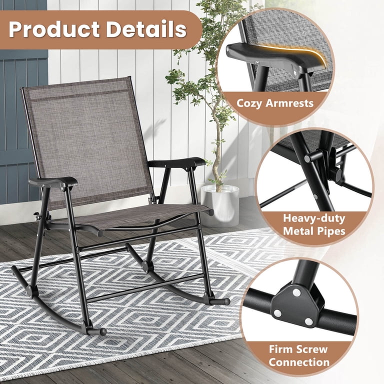 Costway 2pcs Folding Rocking Chairs, Heavy-Duty Metal Frame