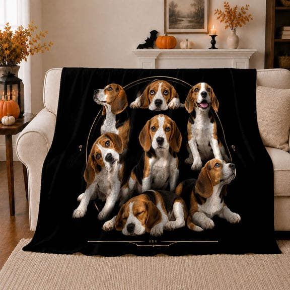 Beagle Portrait Collage, Cozy Pet Portrait Pattern, Warm Flannel Blanket for Living Room and Bedroom with Detailed Artwork, Dog Lovers Thanksgiving Gift, Pet Lover Home Decor