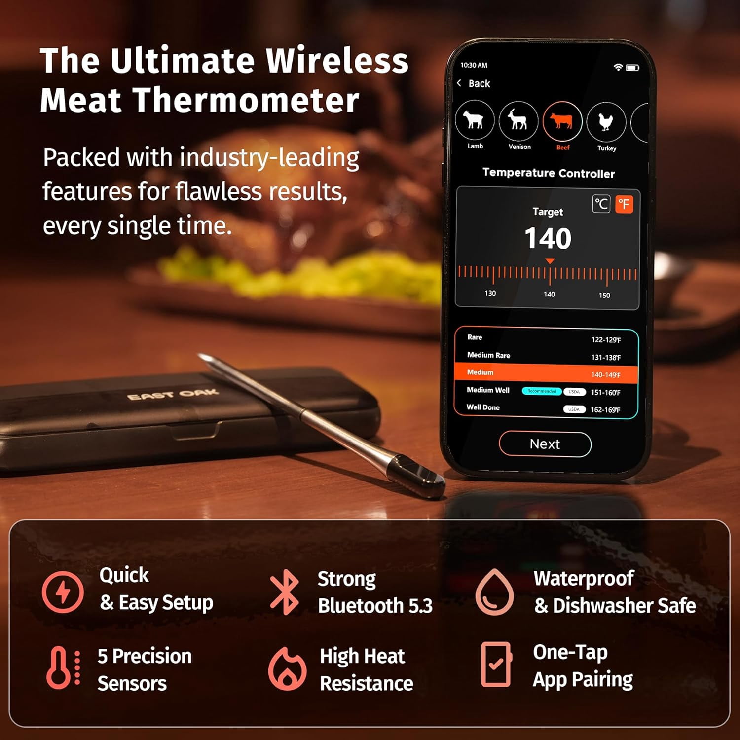 East Oak Smart Wireless Meat Thermometer for Grilling,Black