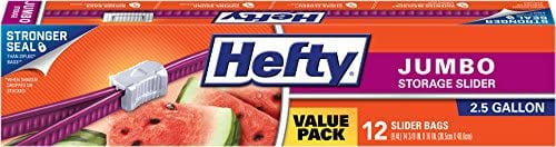 2.5 GALLONS  Many Uses Made in USA! Box of 12 HEFTY JUMBO SLIDER BAGS 