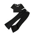 thumbnail image 2 of ZHOGXU Big Kids Girls Two Piece Outfit Short Sleeve Round Neck Bow Top And Flared Pants Elegant Fashion Sets For Daily Wear Black 12-13 Years, 2 of 7