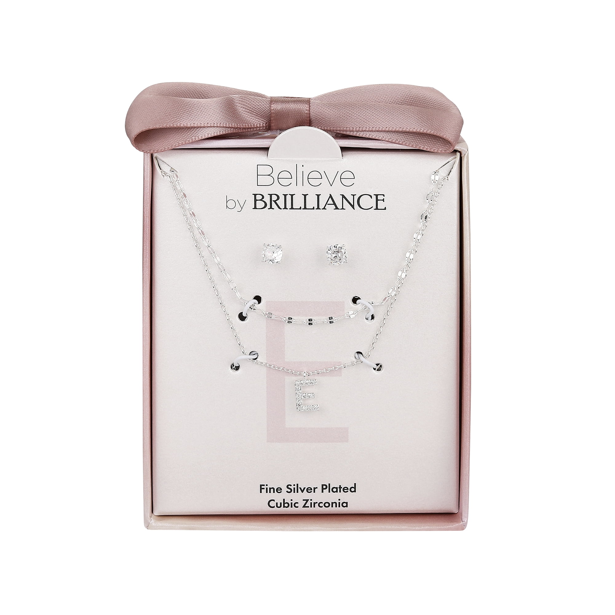 Believe by Brilliance Women's Fine Silver Plated Cubic Zirconia Initial "E" Pendant Necklace and Stud Earring Set, 16/18+2" Extender