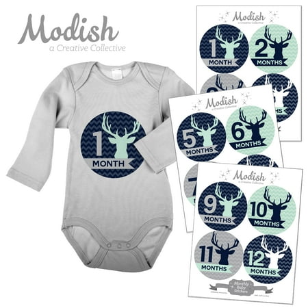 Original Near Mint Sticker (Monthly Baby Stickers, Boy, Deer, Antlers, Woodland, Mint, Navy Blue, Baby Photo Prop, Baby Shower Gift, Baby Book Keepsake, Modish)