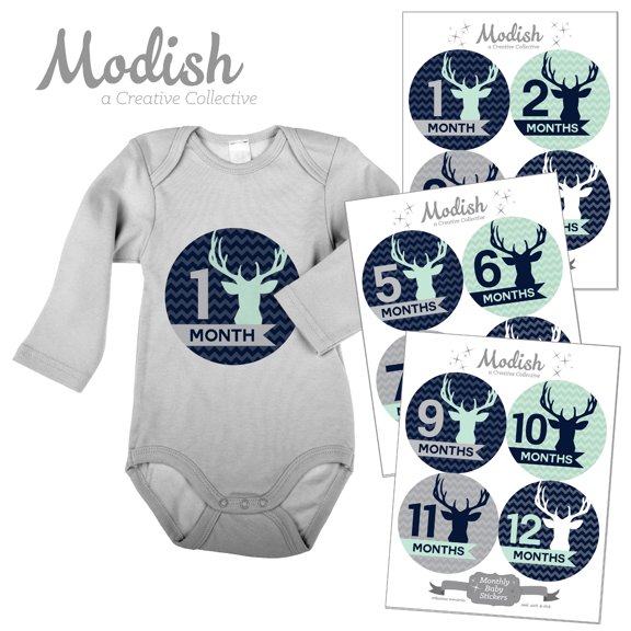 Monthly Baby Stickers, Boy, Deer, Antlers, Woodland, Mint, Navy Blue, Baby Photo Prop, Baby Shower Gift, Baby Book Keepsake, Modish Labels