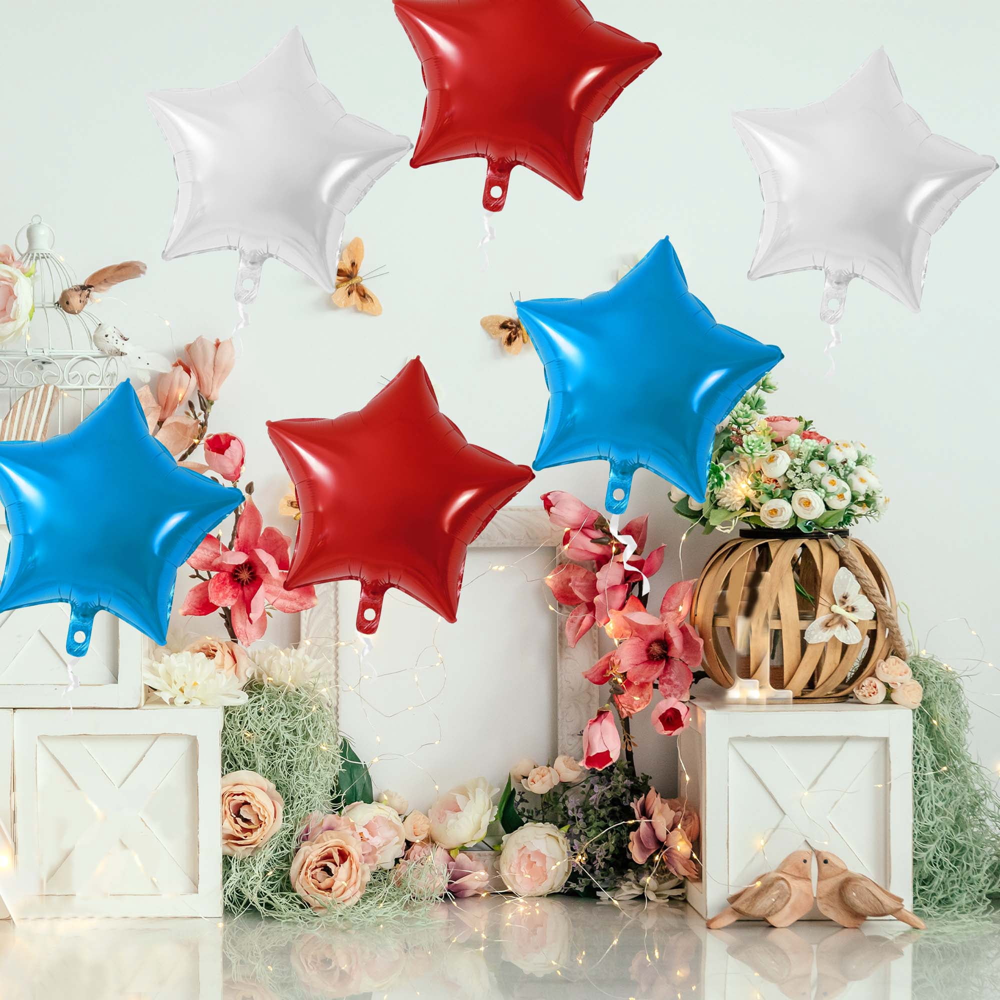 Unique Bargains 10Pcs Helium Balloons with Ribbon Star Pattern Red Blue Silver Tone