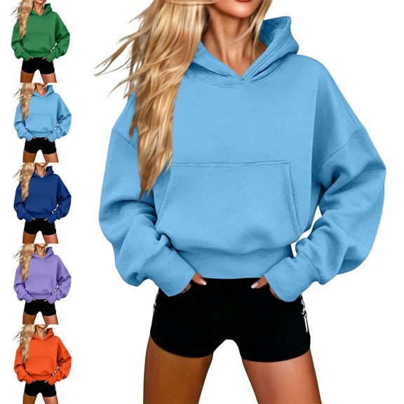 Zysthvn Womens Hoodies Pullover Oversized Winter Cropped Casual Womens Sweatshirts Long Sleeve Solid Loose Fit with Kangaroo Pocket Drawstring Tops