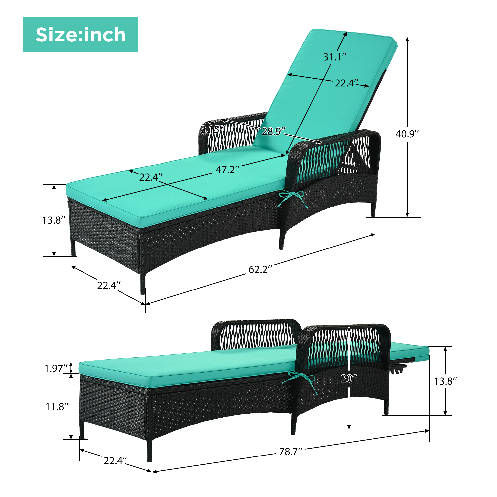 Patio Lounge Chairs Set of 2, Outdoor Chaise Lounges Chairs with 6 Backrest Angles, and Removable Cushions, PE Rattan Backrest Lounger Chairs Set for Pool Porch Backyard Patio, K2693 - image 4 of 10
