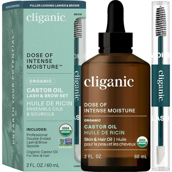 Cliganic Organic Castor Oil, 100% Pure (2oz with Eyelash Kit) - For Eyelashes, Eyebrows, Hair & Skin