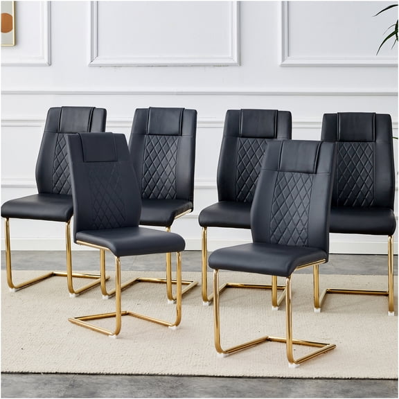 JERFIT Modern Upholstered Dining Chairs Set of 6, PU Leather Padded Seats with Gold Metal Legs for Kitchen Dining Room Office