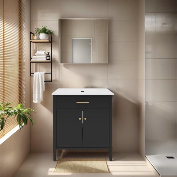 31" Bathroom Vanity with Sink, Bathroom Cabinet with 2 Doors, Adjustable Shelf & Rubber Wood Legs, Black