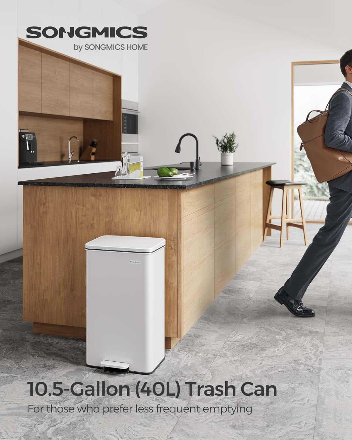 Kitchen Trash Can, 10.5 Gallon (40 L) Garbage Can, Large Step Trash Bin with Lid, Stainless Steel, Soft Close, 15 Trash Bags Included, White