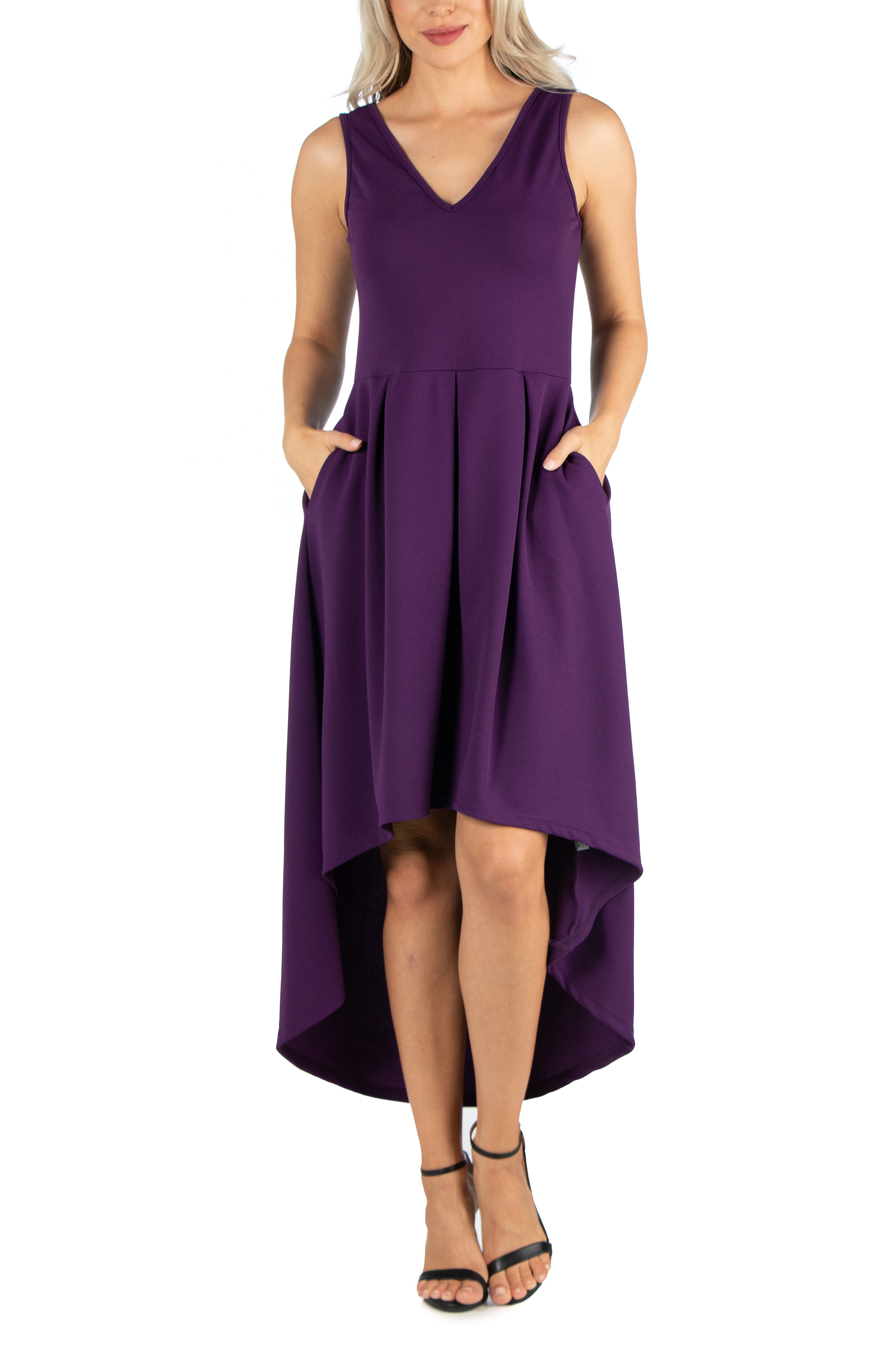 24seven Comfort Apparel Sleeveless Fit N Flare High Low Maternity Dress