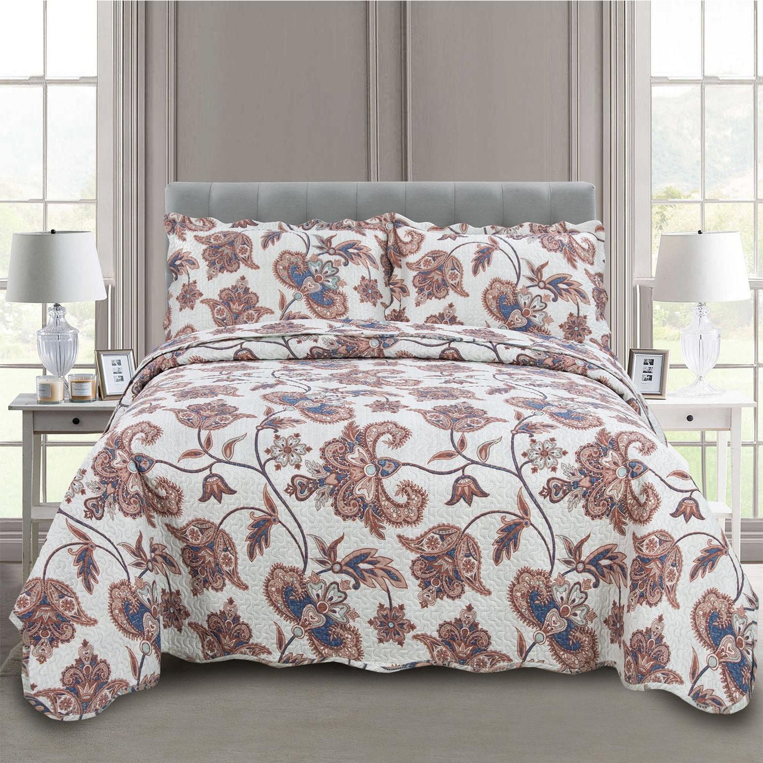 Marina Decoration Rich Printed Embossed Pinsonic Coverlet Bedspread Ultra Soft Bedding Summer Quilt Set with Shams, Taupe Paisley Floral Pattern