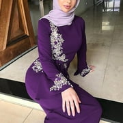 Aellinatey Women Muslim Dubai Abaya Long Sleeve Maxi Dress Floral Lace Beading Hijab Kaftan