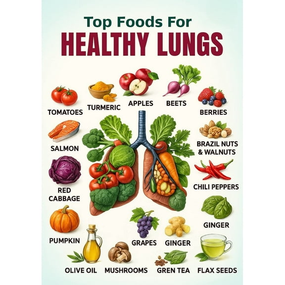 Top Foods For HEALTHY LUNGS Poster Healthy nutrition checklist poster meal planning healthy cooking poster, wall decoration suitable for kitchen living room bedroom