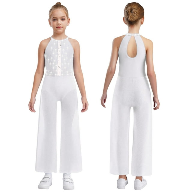 Ocealan Combinaison une Pièce pour Filles avec Strass, Pantalon Grand pour Danse, Fête Disco, Blanc 10