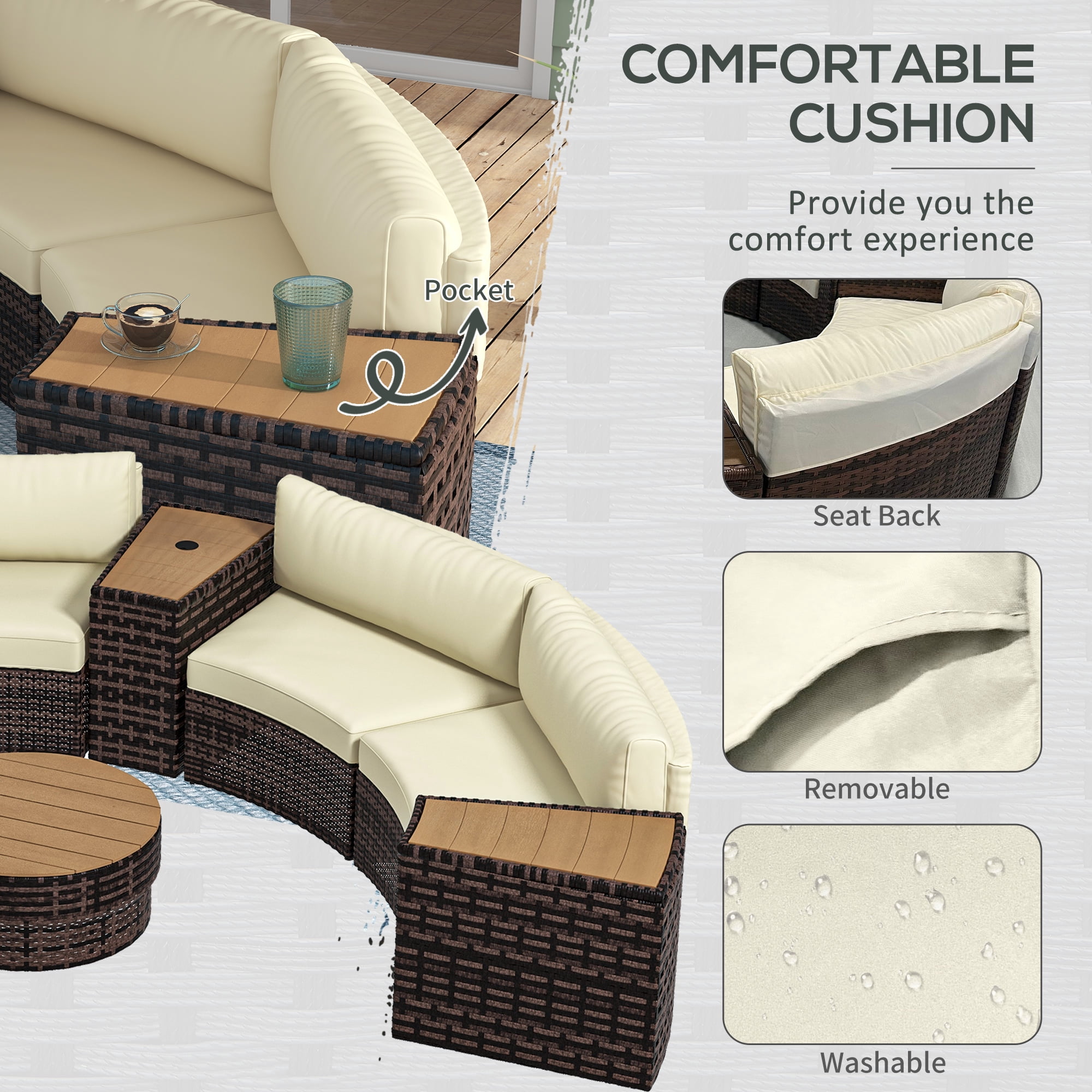 Outsunny 8pc Patio Furniture Set with Sofa, Chair, Umbrella Hole, Brown