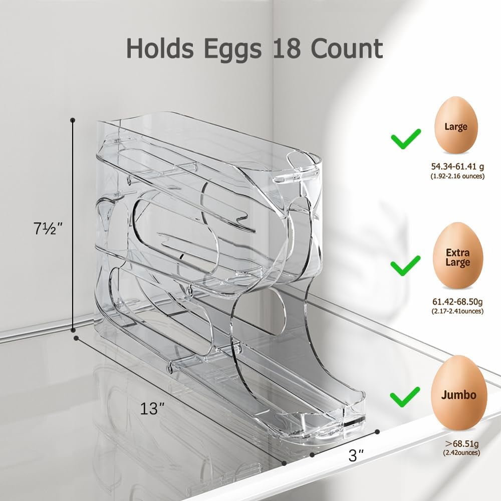 Automatic Rolling Egg Dispenser for Fridge, FIFO Design, Holds 36 Eggs, Space-Saving Organizer and Storage Container for Refrigerator & Countertop (2-Pack)