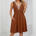 thumbnail image 4 of Vestido de cintura sin mangas con bolsillos y cuello en V para mujer, vestido de costura de encaje para primavera y verano, 4 of 6