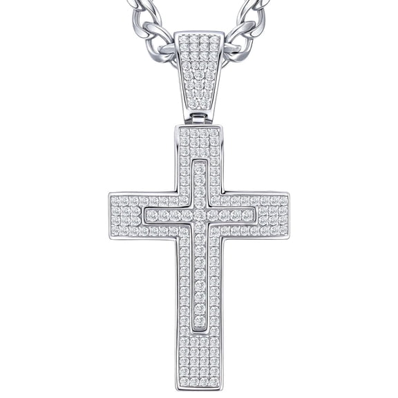 Siyoupin Men's Moissanite Cross Pendant Necklace 18k White Gold Plated over Sterling Silver 22 Inch Chain Religious Hip Hop Jewelry