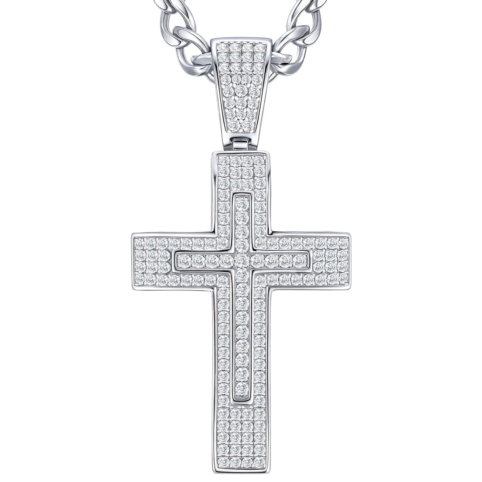 Siyoupin Men's Moissanite Cross Pendant Necklace 18k White Gold Plated over Sterling Silver 22 Inch Chain Religious Hip Hop Jewelry