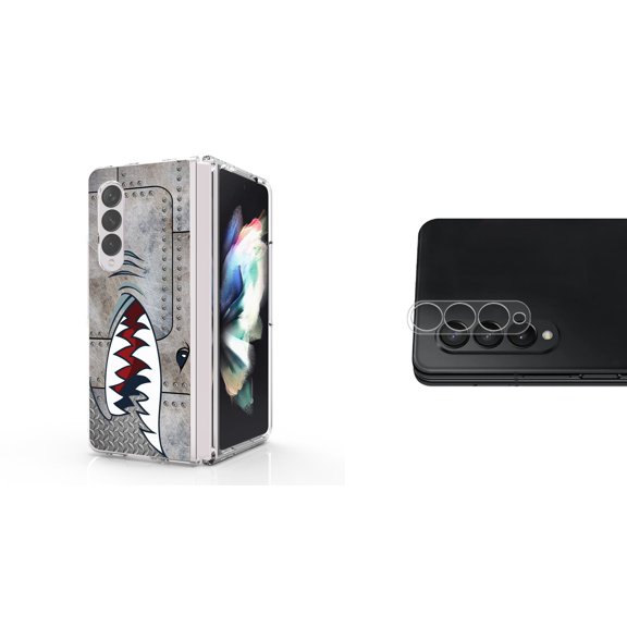 Accessory Bundle for Galaxy Z Fold 4: Slim Snap-On Case (Metal Shark), Rear Camera Glass Protector