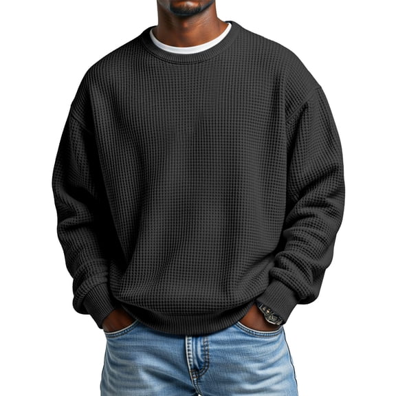 Hearthz Men's Long Sleeve Shirts Crewneck Waffle Knit Men's Sweatshirt Casual Loose Athletic Warm Knitted Sweaters Pullover