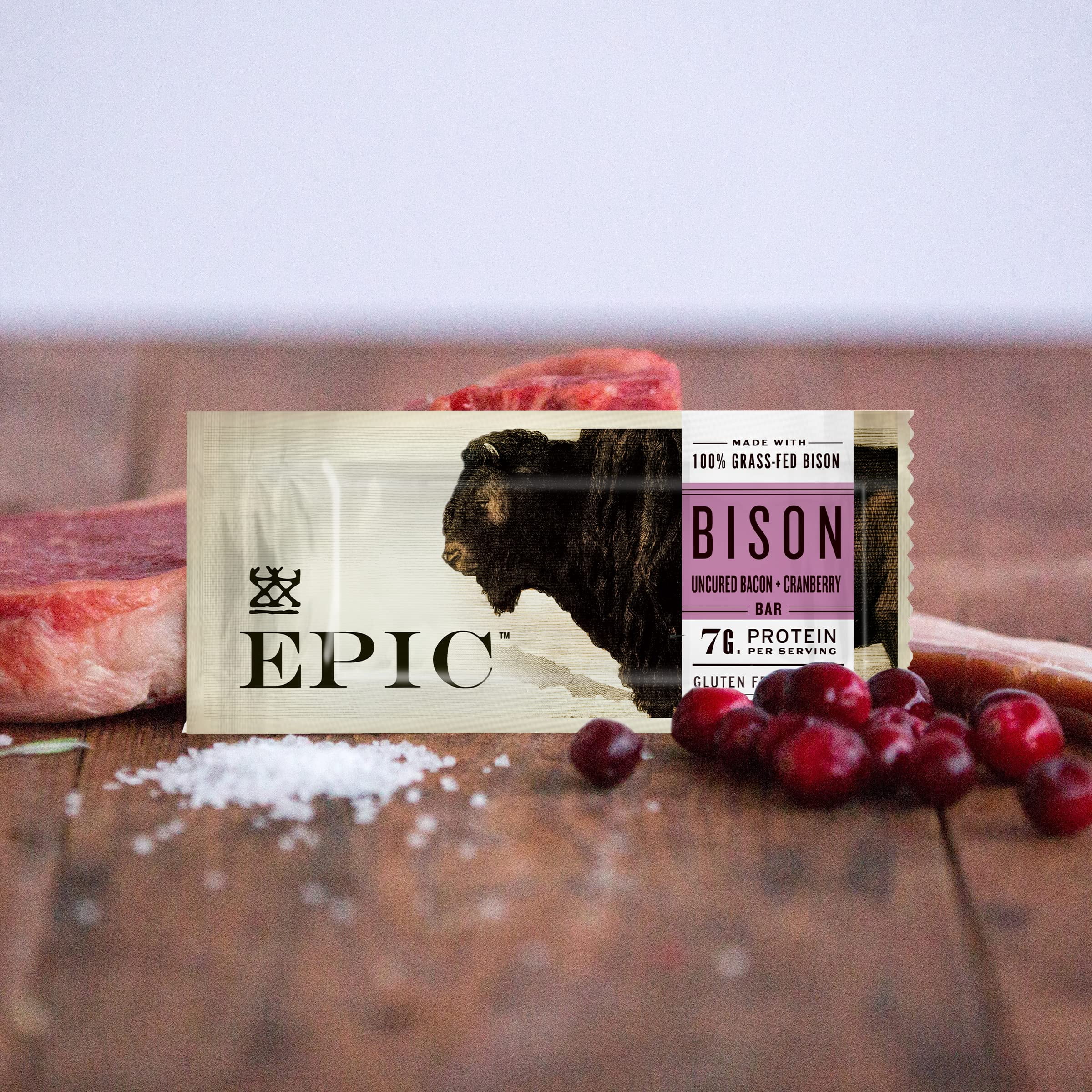 EPIC Bison Uncured Bacon and Cranberry Bars, Grass-Fed, Protein Bar, 12 Count, 15.6 oz