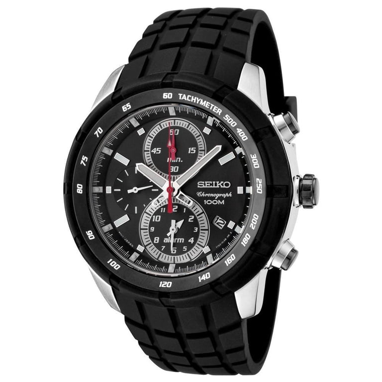 Seiko Men's SNAD95 Chrono Alarm Black Dial Black Rubber Strap