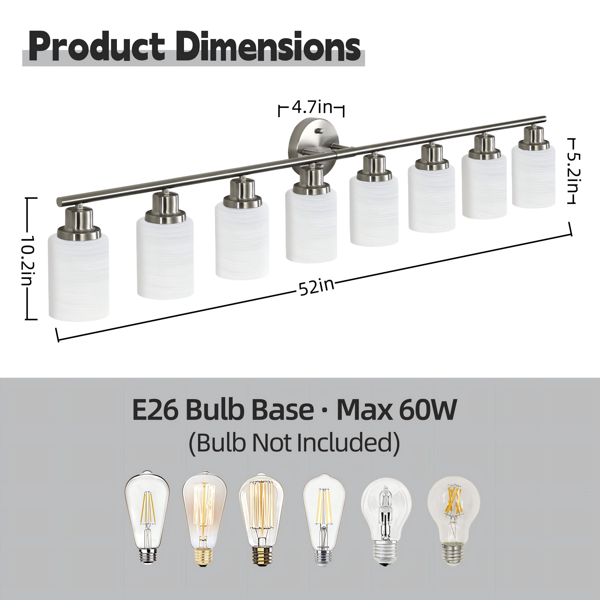52" Modern 8-Light Bathroom Vanity Light Fixture, Brushed Nickel Wall Sconce with Frosted Glass Shades, Hardwired Lighting for Vanity Mirror, Hallway, Powder Room (Bulbs Not Included)