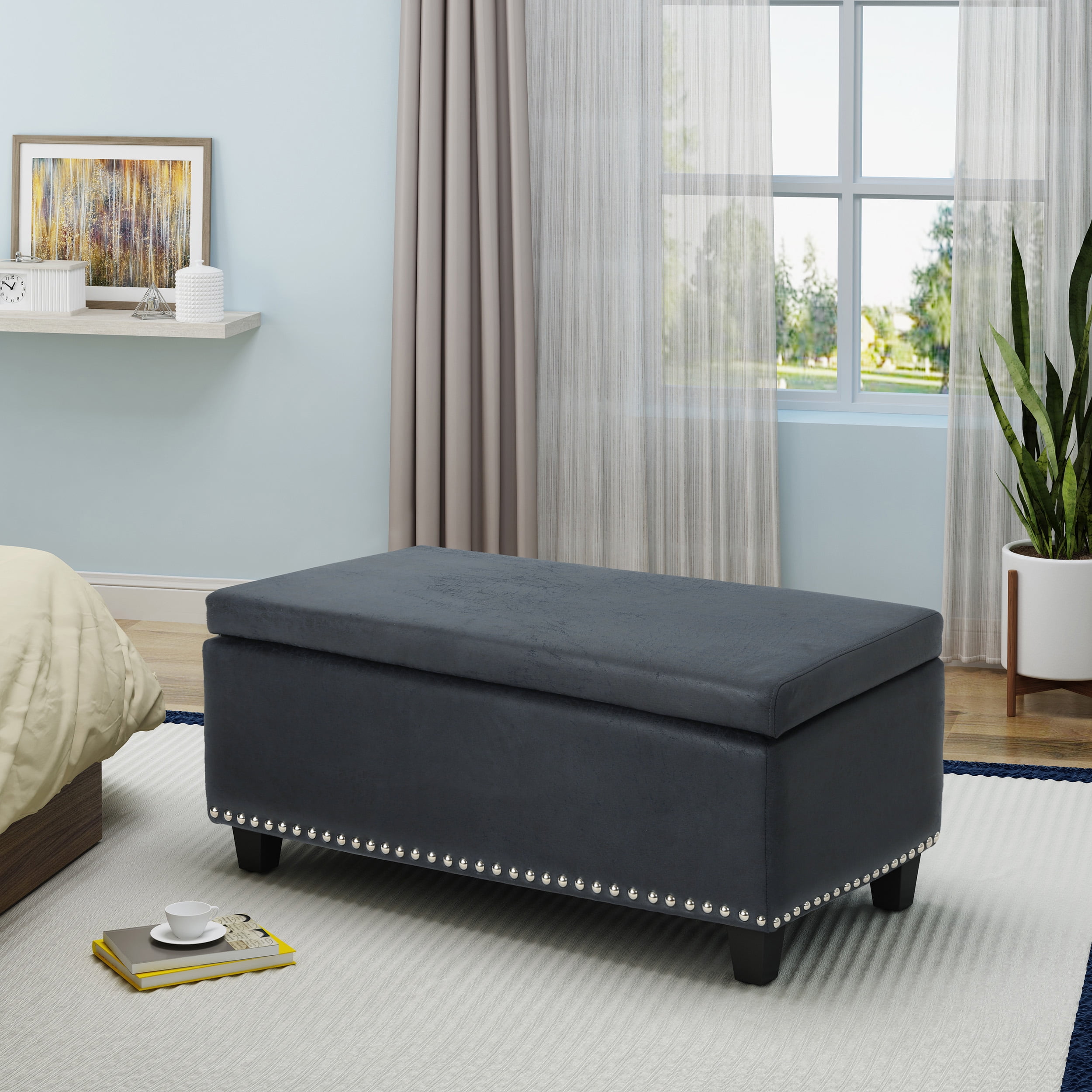 Carl Contemporary Microfiber Storage Ottoman with Nailhead Trim, Navy